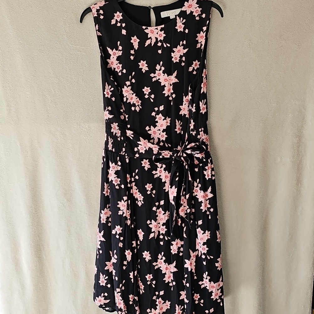 Loft Black Pink Floral Sleeveless Tie Waist Smocked Shift Midi Dress XL